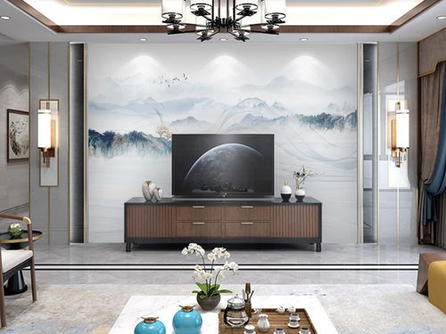 新中式抽象線條煙霧水墨山水大理石紋背景墻圖片素材 效果圖下載